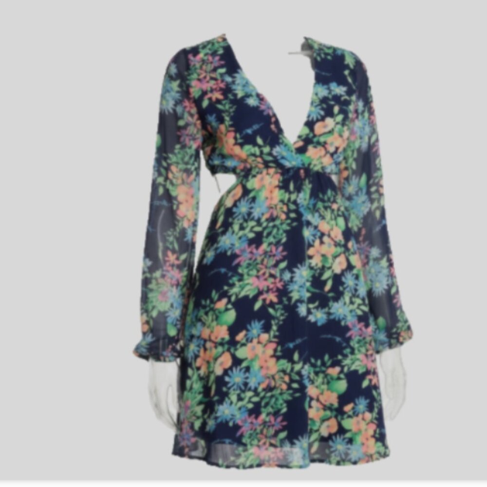 Rachael & Chloe Sundress Sz Large Sexy Floral Cut-Out Sheer Bell Sleeves Women's